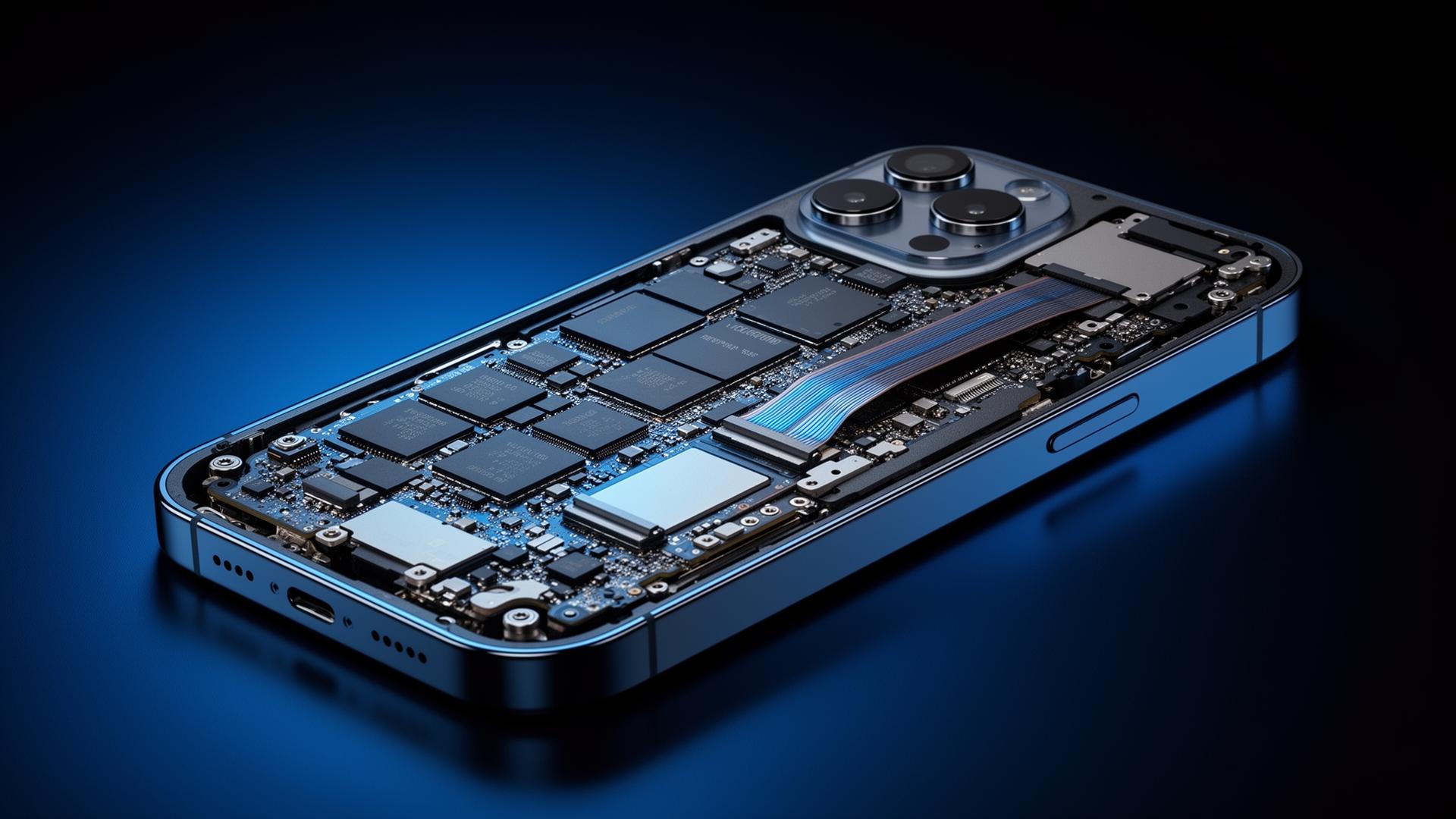 iPhone 15 Pro Max aberto mostrando a placa lógica